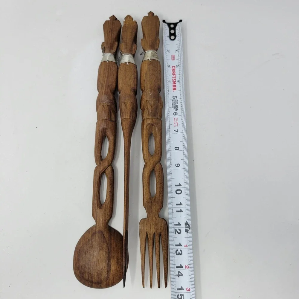 Hand‎ Carved Wood Tribal Figural Spoon Fork Server Set Rustic Decor 15